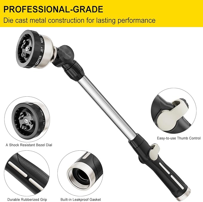 FANHAO 16-Inch Metal Watering Wand, Heavy Duty Garden Hose Wand with 9 Spray Patterns, 180° Rotating Long Hose Nozzle Sprayer Thumb Flow Control, Ideal to Water Hanging Baskets and Shrubs - Black