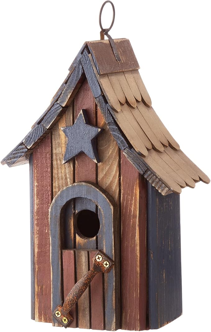Glitzhome Hanging Birdhouse for Outside, Rustic Patriotic USA Wooden Bird House, Garden Decorative Birdhouses for Outdoors, Bluebird House with Door Handle for Wren Finch Cardinals Cedar