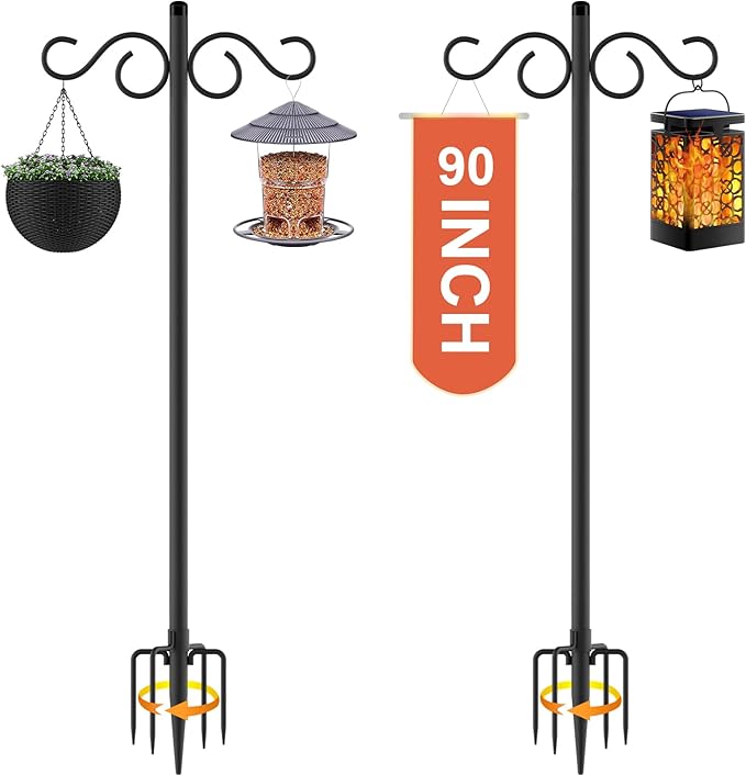RCUICA Double Shepherds Hooks for Outdoor,2 Pack 90 Inch Bird Feeder Pole with 5 Prongs Base,Heavy Duty Shepherds Hook,Suitable for Garden in Hanging Flower Basket,Lantern,Bird Nests (90 Inch)