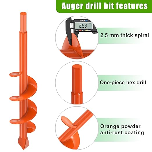 Insaga 1.6" x 9" Auger Drill Bit for Planting, 2.5mm Thick Spiral Earth Drill Garden Auger for Post Hole Digger, Solid Steel Bright Orange Powder Coated, Fit 3/8'' Hex Drive for Bulb Flower Garden