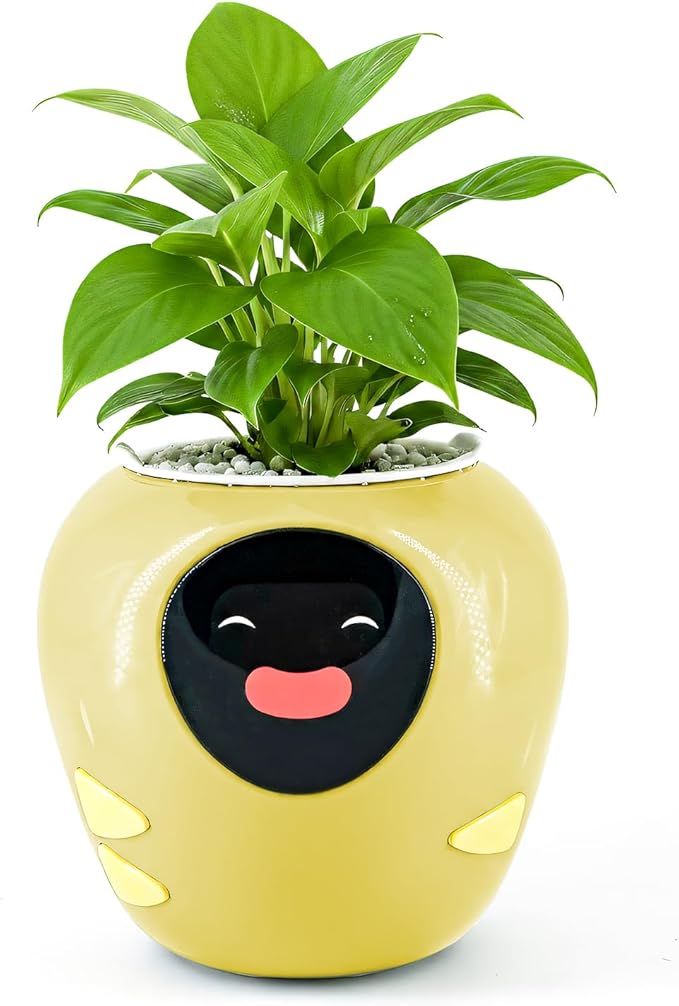 Plantbot Upgraded Large Smart Flower Pot Pet Planter Robot with Artificial Intelligence, Time Temperature Display, and Numerous Expressive Animations Based, for Indoor Decoration, Gifts (Yellow)