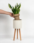 Bamworld Single Plant Holder for Indoor Plants Metal Planter Stand Wooden Leg White Plant Stand Indoor Flower Pot Stand 7in Plant Pot with Stand for Living Room Office Bedroom Decor Modern Home Decor Small