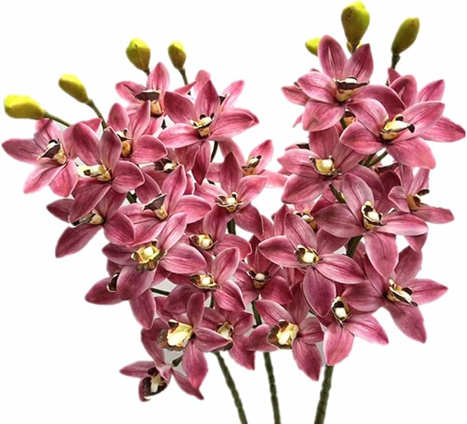 4pcs Artificial Cymbidium Orchid Flower Plant 3D Print Vanda 10 Heads Latex Phalaenopsis Flower (deep Pink 2)