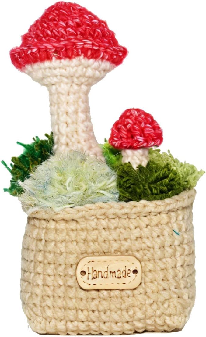 Handmade Crochet Mushroom, Cute Red Toadstool with Artificial Grass, Realistic Knitted Plant Home Decor, Miniature Fairy Garden Ornament, 2.4 x 2.4 x 4.3 Inches