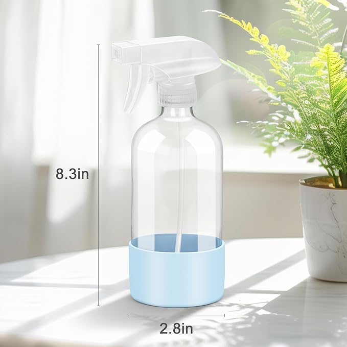 Worldgsb 2 Pack Glass Spray Bottles with Silicone Sleeve, 16 oz Empty Refillable Containers with Adjustable Spray Nozzles, Spray Bottles for Hair, Cleaning Solutions and Plants Blue&Grey