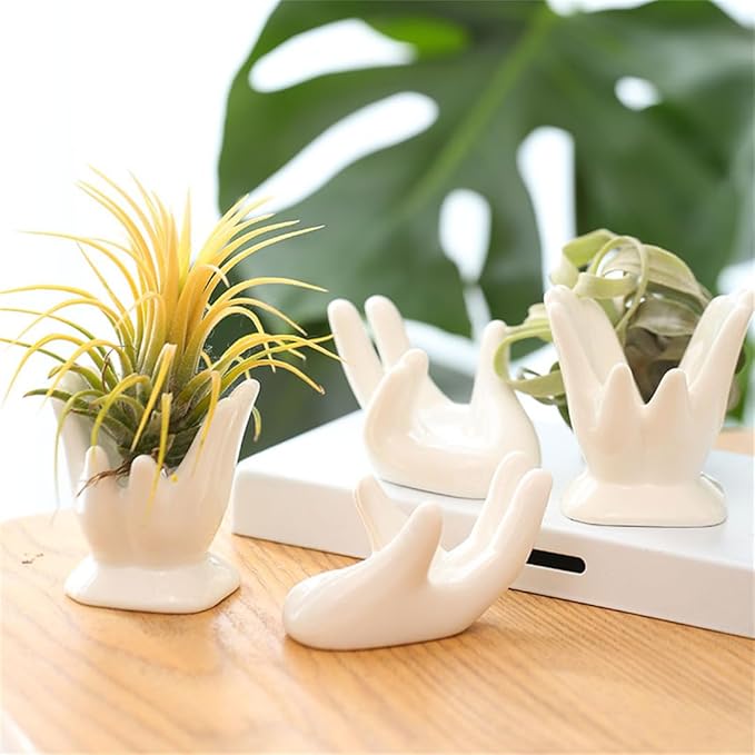 Air Plant Holder Cute Ceramic Mini Hand Shape Stand Airplants Tillandsia Small Container Pot Plant Decorative Home Decor for Desk Table Shelf Office Decorations, White