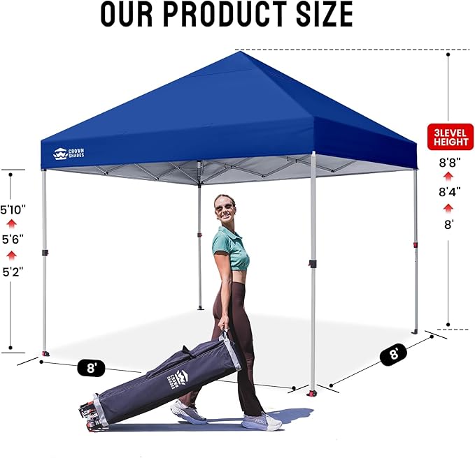CROWN SHADES 8x8 Pop Up Canopy, Patented Center Lock One Push Instant Popup Outdoor Canopy Tent, Newly Designed Storage Bag, 8 Stakes, 4 Ropes, Silver-Coated Navy Blue