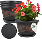 Usocik 4 Pack 12 inch Plant Pots, Retro Pattern Planters with Drainage Holes and Saucer, Sturdy Plastic Garden Flower Pots for Indoor & Outdoor Plants