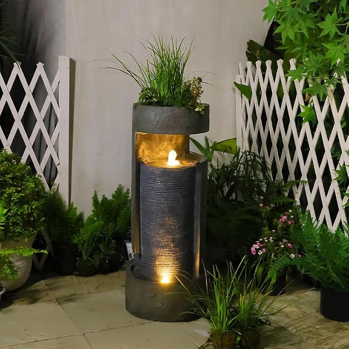 35.9" Tall Modern Indoor/Outdoor Water Fountain with LED Lights and Pump, Freestanding Cascading Waterfall Feature for Garden, Patio, Porch, Yard & Deck Décor – Gray