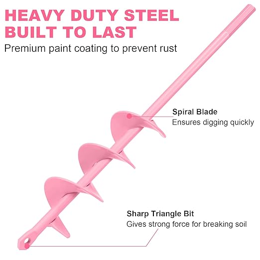 Auger Drill Bit for Planting 2 x 14.5 Inch, Garden Spiral Bit for 3/8" Hex Drive, Earth Post Hole Digger Bulb Planter Drill Auger for Planting Bedding Rapid Digging, Pretty Pink