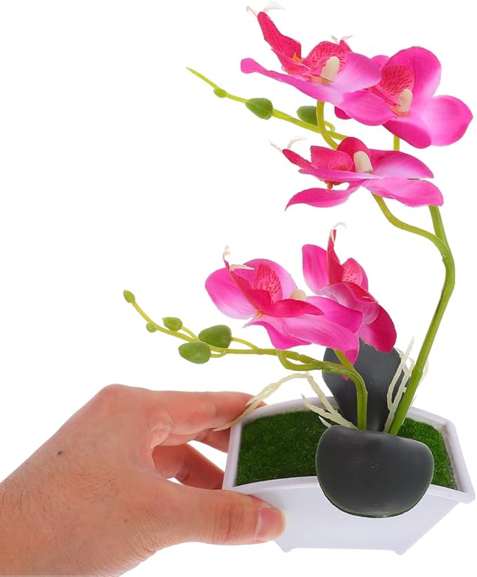 POPETPOP Mini Artificial Orchid Plant in Pot 10.62X8.66X2.16In Realistic Simulated Phalaenopsis Faux Flower for Desk Bathroom Kitchen Decor Small Potted Plant