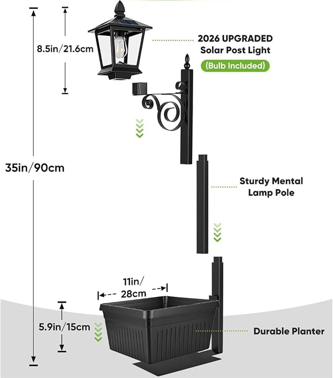 Outdoor Flower Pot 2-in-1 Solar Floor Lamp, 2-in-1 Solar Lamp Post with Planter, IP65 Waterproof Warm White Light, Auto On/Off, for Garden, Patio, Yard, Front Porch, Back Door (2PCS)