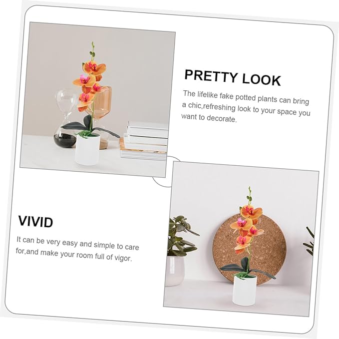 Happyyami 2pcs Artificial Moth Orchids Faux Potted Plant for Home and Office Decoration Realistic Bonsai Ornament for Living Room Garden and Desk Display Orange