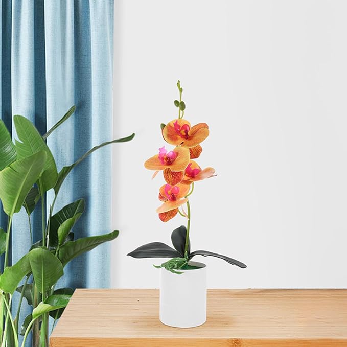 Artificial Potted Butterfly Orchid Faux Flowers 2pcs Orange Desktop Fake Potted Plant Realistic Orchid Bonsai Home Living Room Table Decor