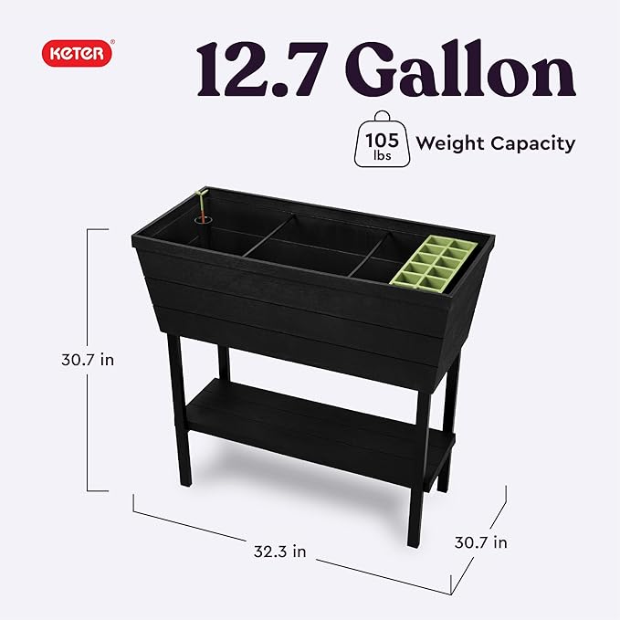 Keter Urban Bloomer 12.7‑Gallon Raised Garden Bed – Elevated Outdoor Planter Box with Self‑Watering Reservoir, Water Gauge & Drainage System, Perfect for Herbs & Vegetables, Dark Grey