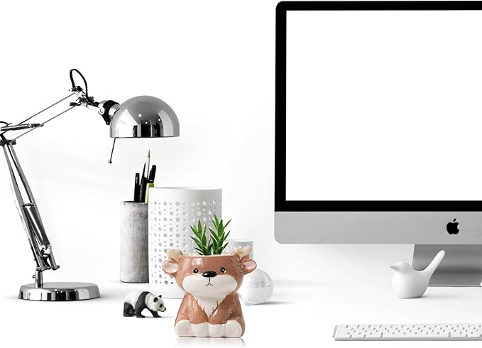 DIYOMR Cute Animals Planter, Mini Ceramic Cartoon Animal Shaped Succulent Flower Pot Indoor Air Plants Holder, Smooth Shiny Decorative Flower Cactus Planter - Plants Not Included (Deer)