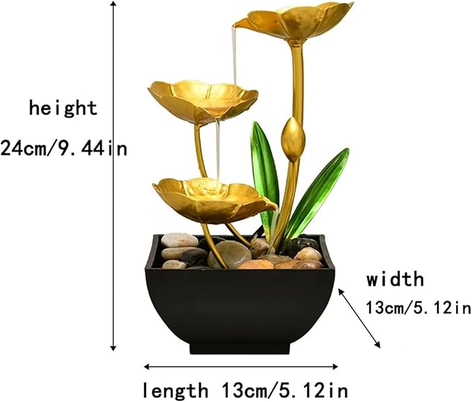 11‘’ H Gold Tabletop Water Fountain, Zen Desktop Waterfall, Indoor Lotus Desktop Decorative Fountain, Home Bathroom Bedroom Decor.