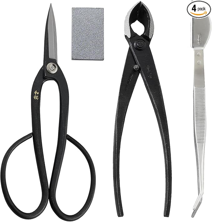 Wazakura 4PCS Bonsai Essential Tool Kit MADE IN JAPAN, Yasugi Steel Ashinaga Scissors + Concave Branch Cutter 8in (200mm) + Stainless Tweezers + Sap Eraser Set