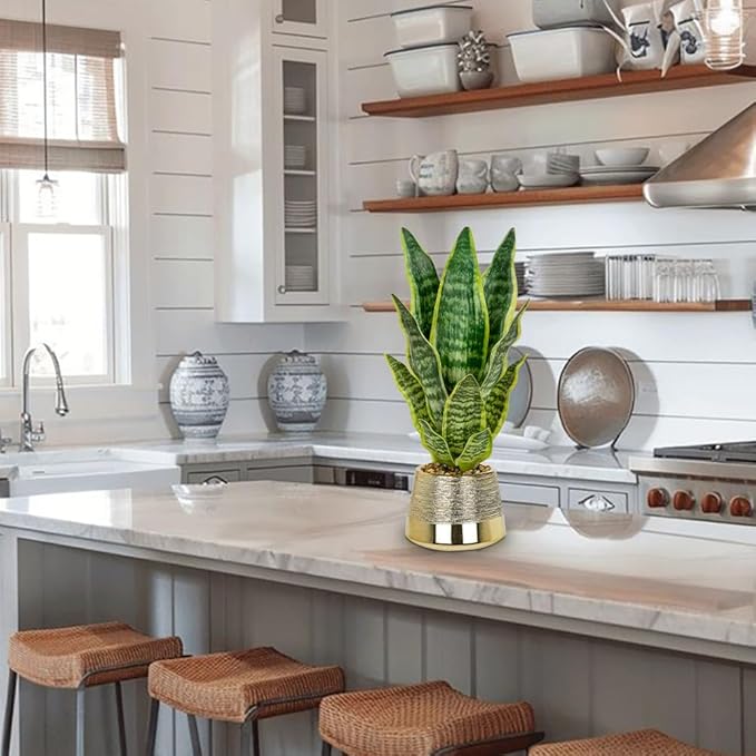 Oairse Artificial Potted Plant, Fake Snake Plant in Gold Pot 16.9 inch Faux Sansevieria Trifasciata Artificial Plants Indoor with Pot for Home Office Living Room Indoor Outdoor Decor