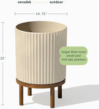 Veradek Demi Series Round Planter w/Stand for Porch/Patio | Durable Plastic-Stone Composite & Wooden Stand | Modern Décor for Tall Plants, Flowers