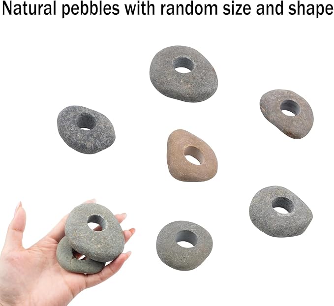 6 Pcs Natural River Stone Plant Weights for Aquarium, Pebble Aquatic Plants Fixed Ring, Aquarium Plant Anchors, Unique Shape & Size for Aquarium Landscape Decoration (0.79'' Hole Diameter)