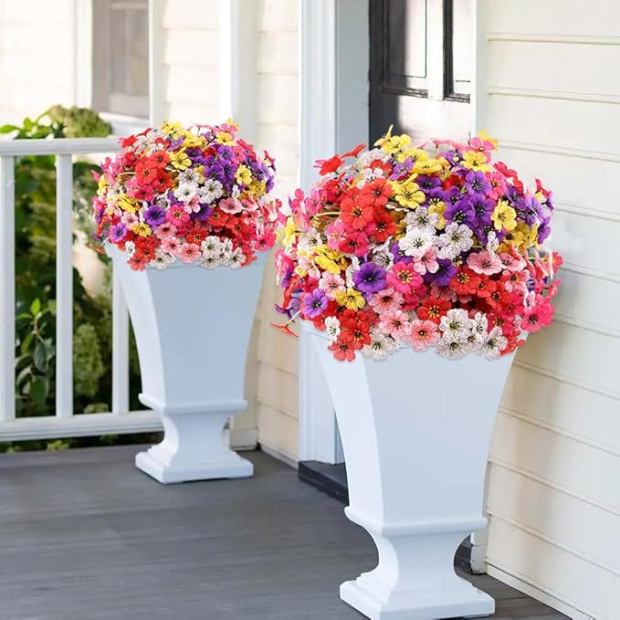 Artificial Outdoor Flowers 30 Bundles UV Resistant Fake Flowers No Fade Faux Plastic Plants Garden Porch Window Box Porch Farmhouse Hanging Decor(Mix Six Colors)