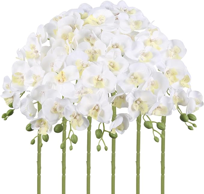 6PCS White Orchids Artificial Flowers 27’’ Silk Faux Orchids Fake Flowers with Stems for Floral Arrangements Home Wedding Dining Table Party Garden Decoration(White)