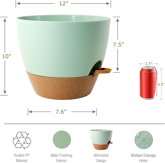 UOUZ 12 inch Large Self Watering Pots, Plastic Planters with 60oZ Removable Deep Reservoir and Multi Mesh Drainage Holes for Indoor Outdoor Garden Plants and Flowers, Green with Brown