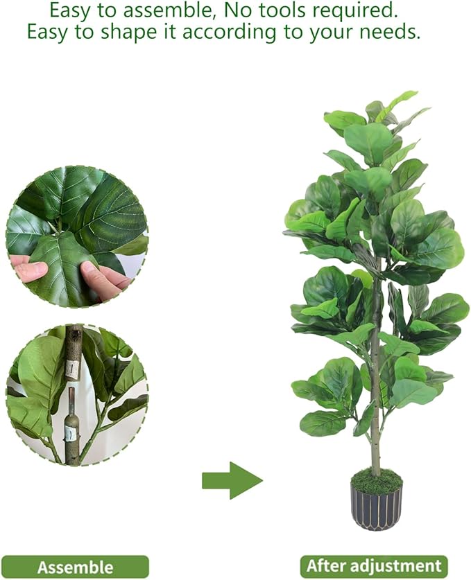 4FT Artificial Fiddle Leaf Fig Tree, Premium Fake Ficus Lyrata Plant in Decorative Black Planter for Indoor Home Office Decor, Housewarming Gift