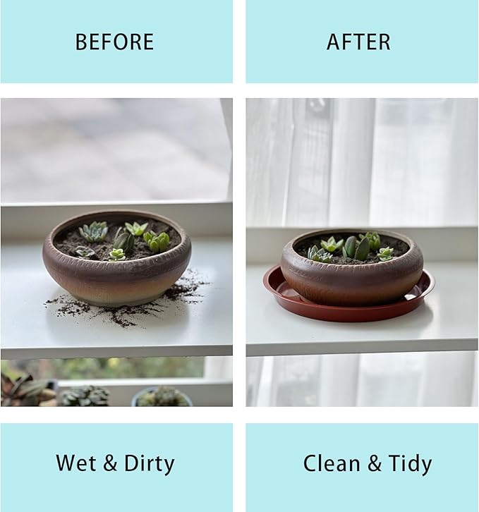 4pcs Terracotta Plastic Plant Saucers (10 inch) - Heavy Duty Indoor Plant Trays for Pots with Water Drainage, Drip Catcher & Decor (Set of 6 Round Saucers)