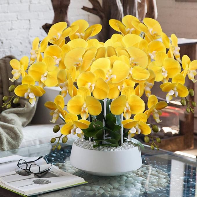 4 Pcs Artificial Orchid Flowers 9 Large Heads of Real Touch Vivid Phalaenopsis Orchid Flower Stem 31.5'' Tall, Artificial Flowers Branches for Home Decor, Office House Decor-Yellow Phalaenopsis
