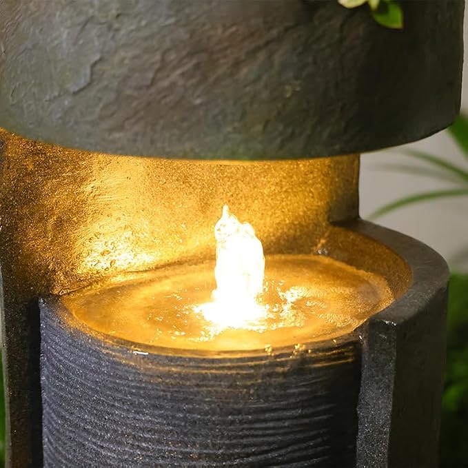 35.9" Tall Modern Indoor/Outdoor Water Fountain with LED Lights and Pump, Freestanding Cascading Waterfall Feature for Garden, Patio, Porch, Yard & Deck Décor – Gray