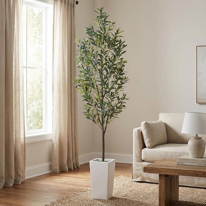 Aveyas 7ft Artificial Olive Tree for Home Decor, 7 Feet Large Faux Plant Fake Skinny Silk Trees with Pot for Indoor Outdoor House Living Room Office (7 ft Tall Including Raised Pot)