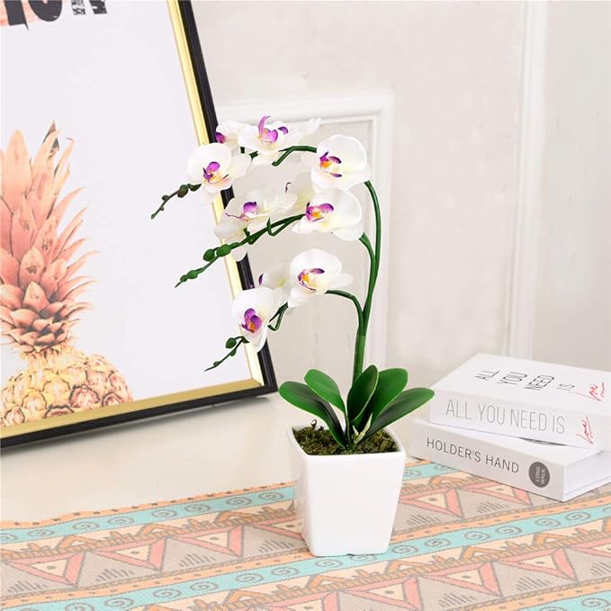 15" Tall Artificial Silk Phalaenopsis Orchid Flower Plant Pot Arrangements (White)
