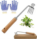 Weed Puller Tool with Work Gloves, Reinforced 4-Teeth Stainless Steel Hand Weeder — Deep Root Removal, Durable Garden Weeding Tool for Backyard Farm Raised Bed 14.2inch