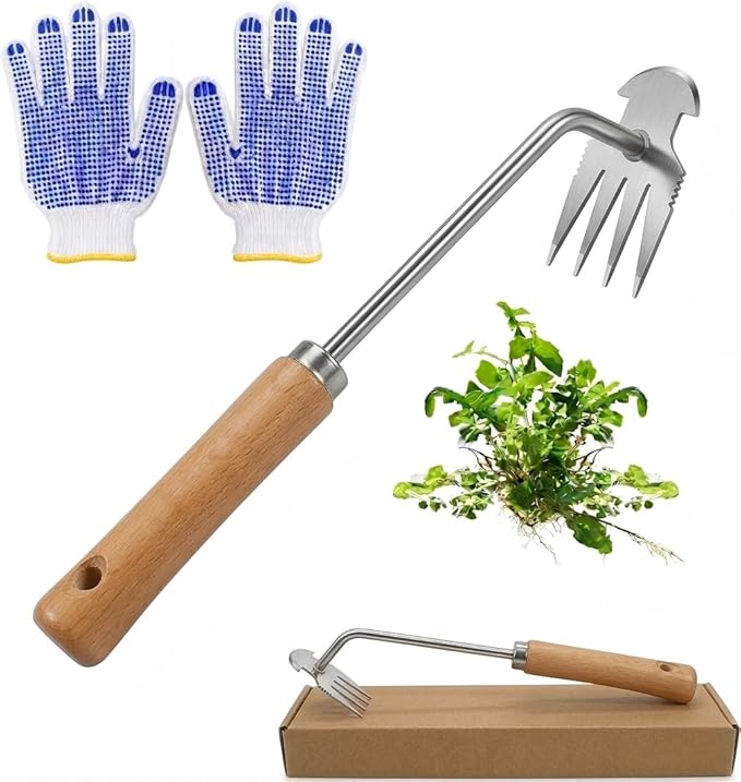 Weed Puller Tool with Work Gloves, Reinforced 4-Teeth Stainless Steel Hand Weeder — Deep Root Removal, Durable Garden Weeding Tool for Backyard Farm Raised Bed 14.2inch
