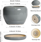SQOWL 6 Inch Plant Pots - Ceramic Planter with Drainage Hole and Saucer, Round Ceramic Flower Pot Indoor Outdoor, Modern Succulent Planter, Bathroom Decor, Gifts for Plant Lovers, Grey