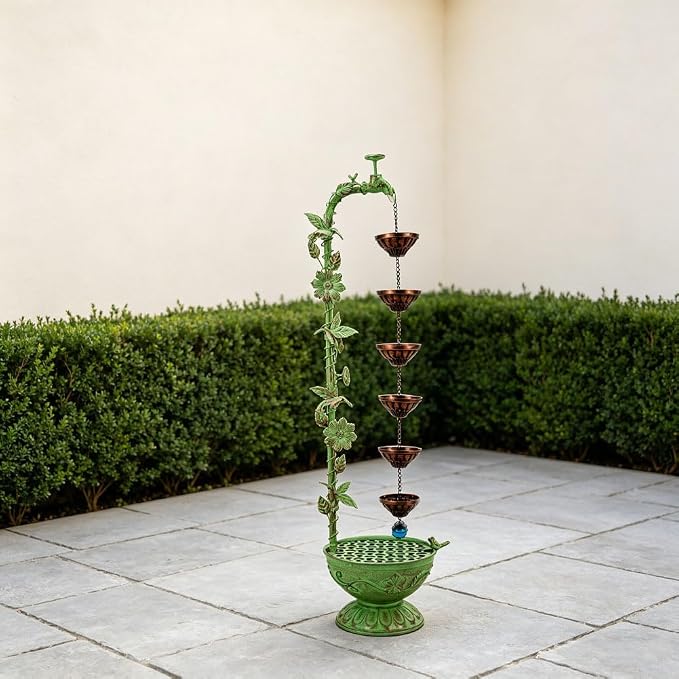 40" Vintage Metal Floor Water Fountain - Soothing Waterfall Outdoor Fountains with 6 Hanging Cups for Garden Patio Backyard Deck Decor, 1107 - Green Hummingbirds & Faucet