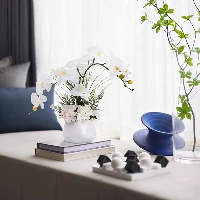 LESING Artificial Potted Orchid Flower for Table Centerpieces,Real Touch White Fake Orchid Flowers in Vase for Home Decoration ﻿(Style 2,White Vase)