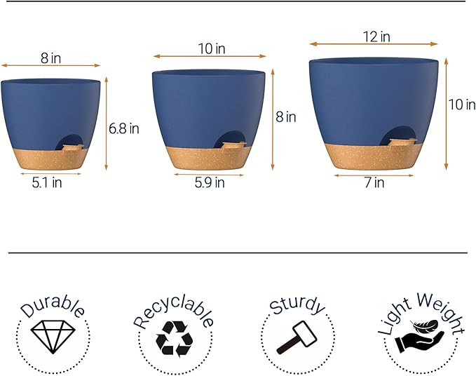 ZMTECH 10 Inch Plant Pots Set of 2 Planters for Indoor Plants Self Watering Pots Flower Pots with Drainage Holes and Saucer for Outdoor Plants(Blue with Brown)