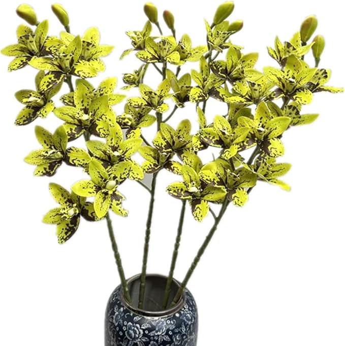 4pcs Artificial Cymbidium Orchid Flower Plant 3D Print Vanda 10 Heads Latex Phalaenopsis Flower (Black Green)