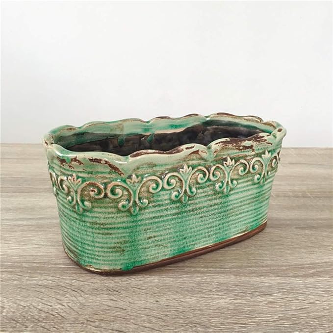 Rectangular Ceramic Orchid Plant Pot French Country Planter Succulent Container Windowsill Planter Decoration (10 Inch Length, Rectangle) (Green)