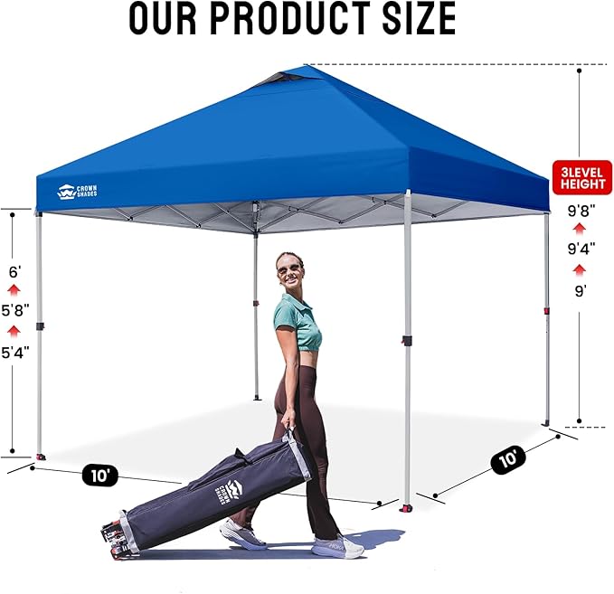 CROWN SHADES 10x10 Pop Up Canopy - Beach Tent with One Push Setup - Easy Outdoor Sun Shade for Events, Parties, Camping - Gazebo with STO-N-Go Cover Bag, Silver Coated Top, Blue