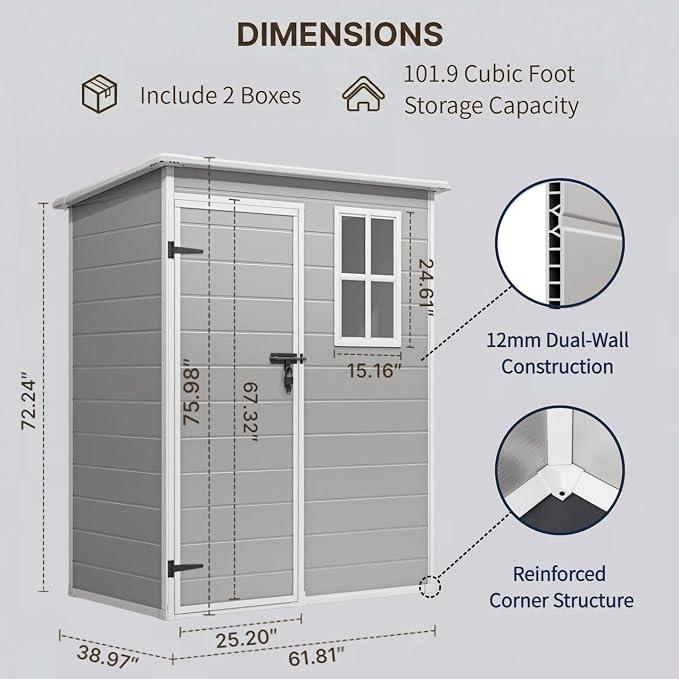 Gizoon 5x3 FT Resin Outdoor Storage Shed, Weather-Resistant Plastic Garden Tool Shed with Floor and Lockable Door for Backyard, Patio, Lawn, Grey