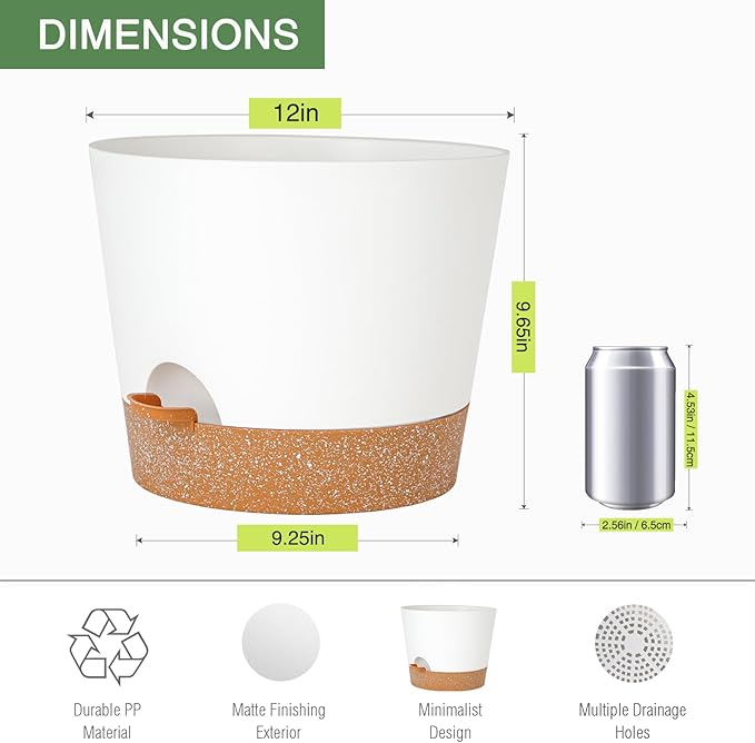 SwinDuck 12inch Large Self Watering Plant Pot, Plastic Cylinder Planter with 60Oz Deep Reservoir and Saucer for Indoor Outdoor Plants Flowers Houseplants, White with Brown