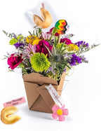 Pride Fresh Cut Live Flowers Arranged in a Takeout Container with Your Personal Message Tucked Inside a Fortune Cookie