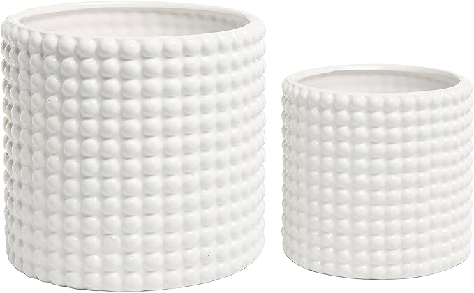 MyGift 6 Inch Ceramic Round Planter Pot, Set of 2 Vintage-Style White Ceramic Flower Pots, Indoor Hobnail Textured Cylindrical Succulent Plant Containers