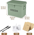 Seed Storage Organizer, T-Shape Compartment Seed Box with Safety Lock, Metal Seed Saving Box, Portable Seed Bin Container with Handle, Including 2 Pens 20 Plant Labels 50 Seed Envelopes-Green