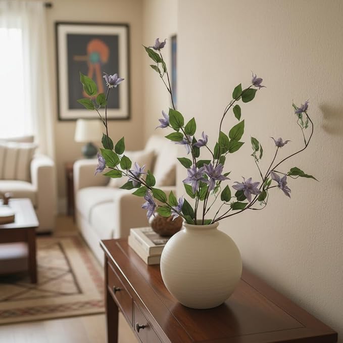 4pcs Blue Purple Artificial Clematis Flower Branches Greenery Stems, 29.5" Long Stem Realistic Silk Faux Flower Plants for Vase, Home Wedding Office Table Centerpiece Decor