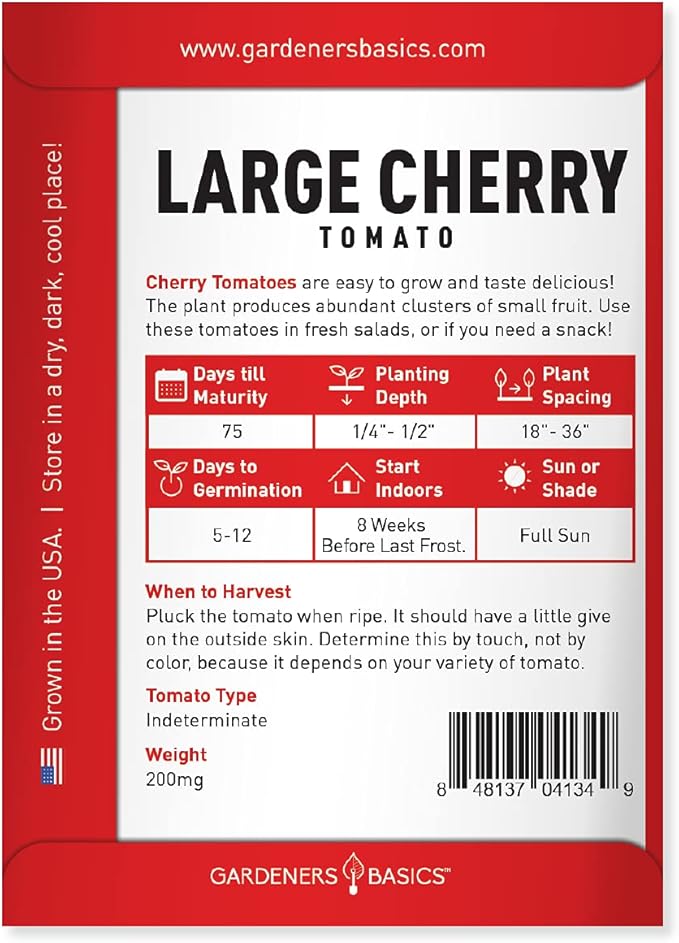 Gardeners Basics, Large Cherry Tomato Seeds for Planting Heirloom Non-GMO Red Cherry Tomato Plant Seeds for Home Garden Vegetables Makes a Great Gift for Gardening